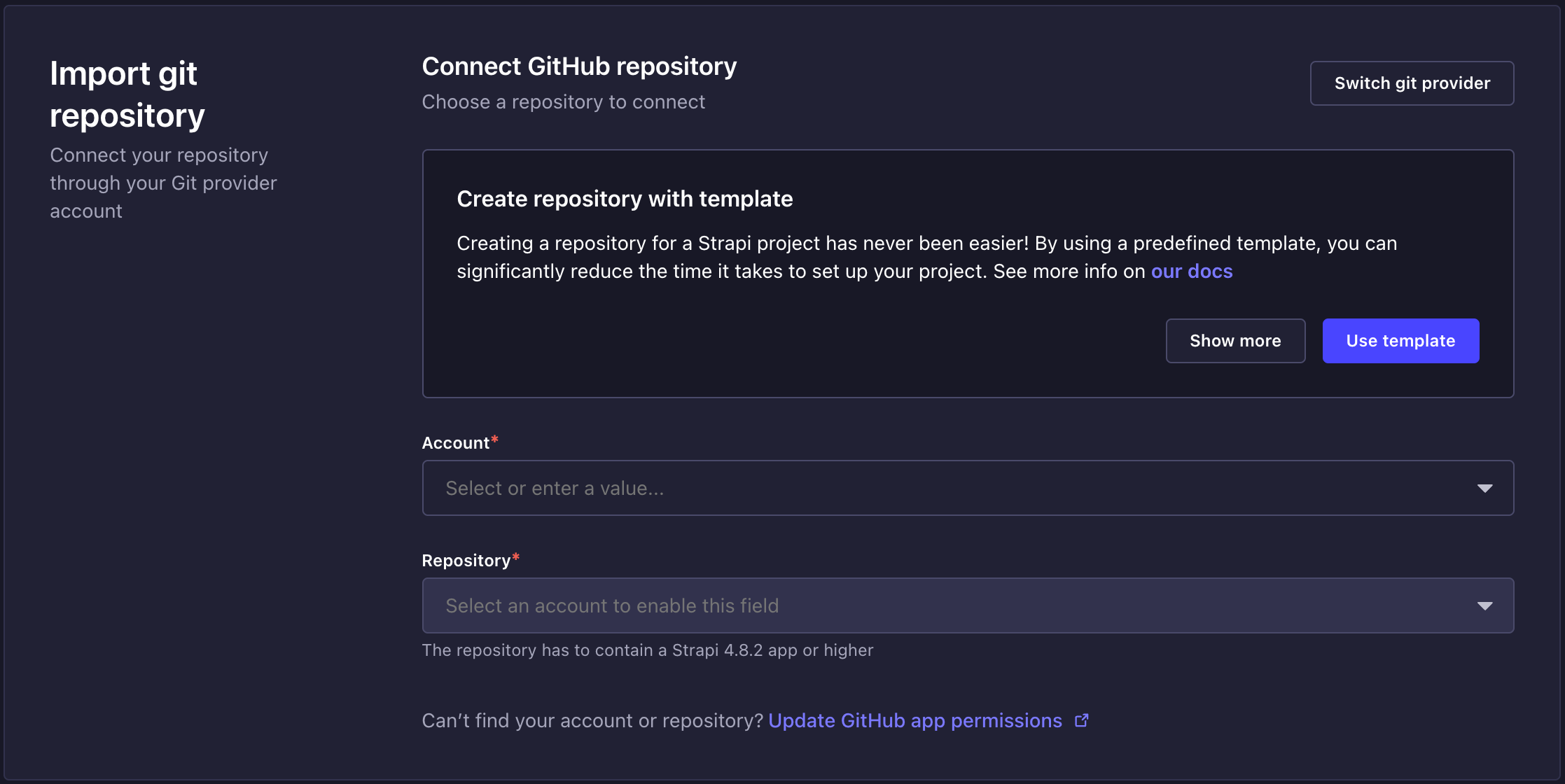 Selecting git account and repository
